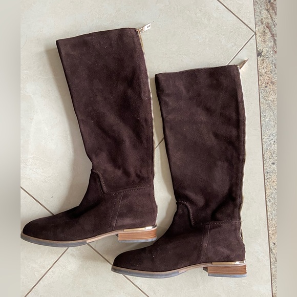 Browns Shoes Brown Boho Leather Suede Knee High Boots with Gold Tone Zipper - Picture 2 of 6